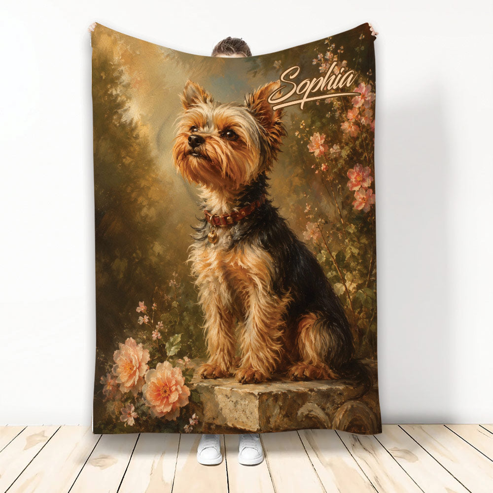 Yorkie throw blanket featuring a detailed Yorkshire Terrier portrait surrounded by warm floral artwork
