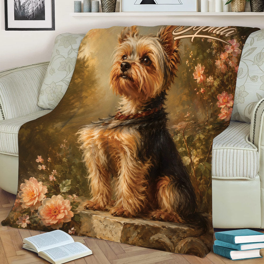 Yorkshire Terrier throw blanket displayed on a sofa with rich floral portrait artwork