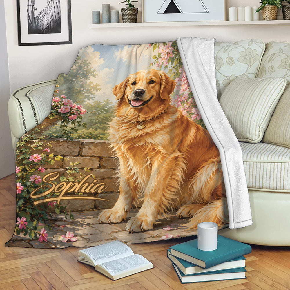 Golden Retriever throw blanket displayed on a sofa with floral garden artwork and cozy reading decor