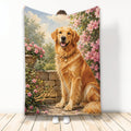Golden Retriever blanket with a garden scene, pink flowers, stone wall, and warm painted artwork