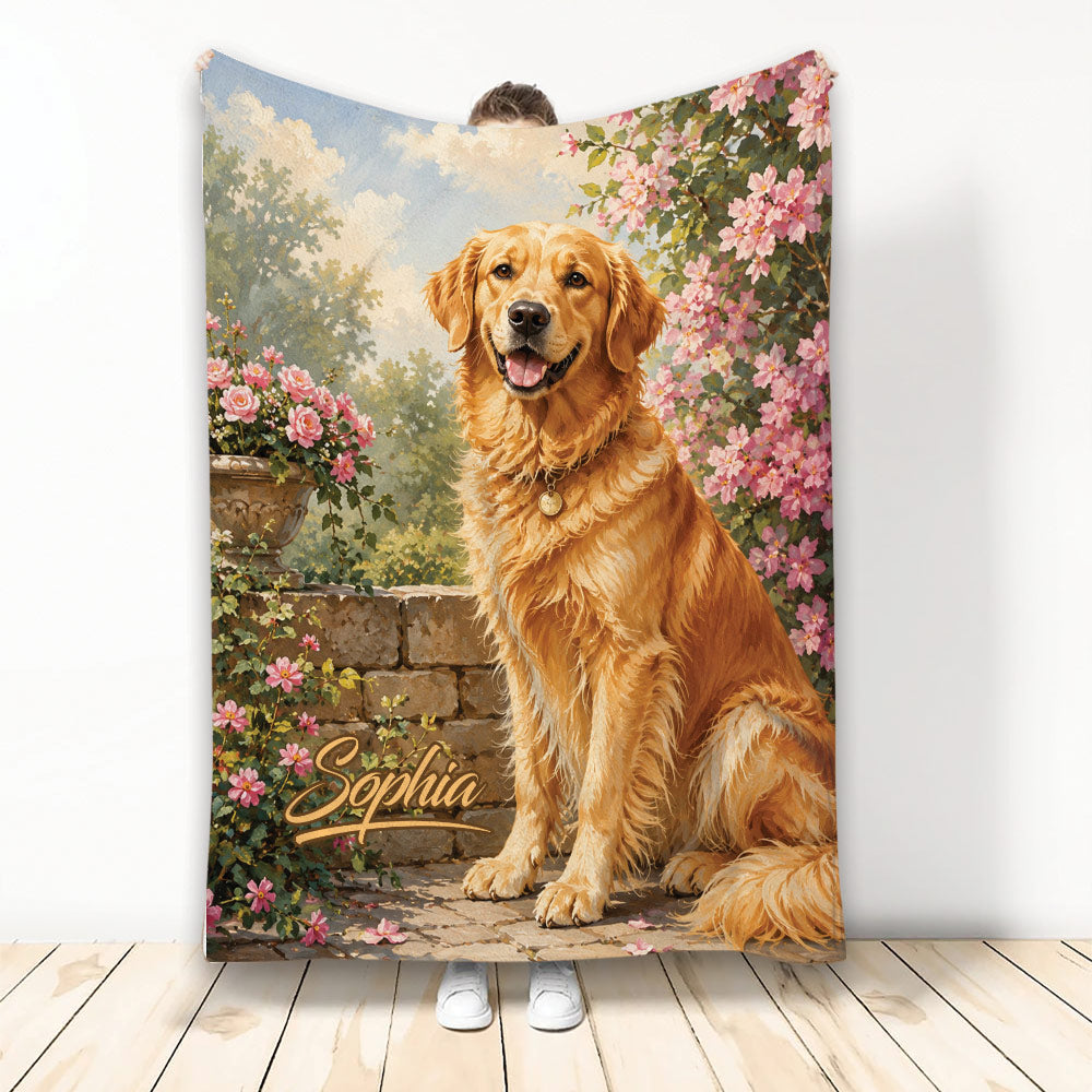 Golden Retriever blanket with a garden scene, pink flowers, stone wall, and warm painted artwork