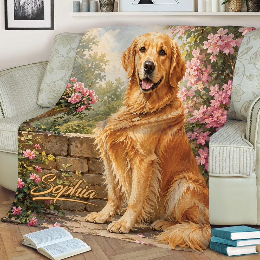 Golden Retriever blanket draped across a sofa, featuring a close-up dog design and colorful flowers
