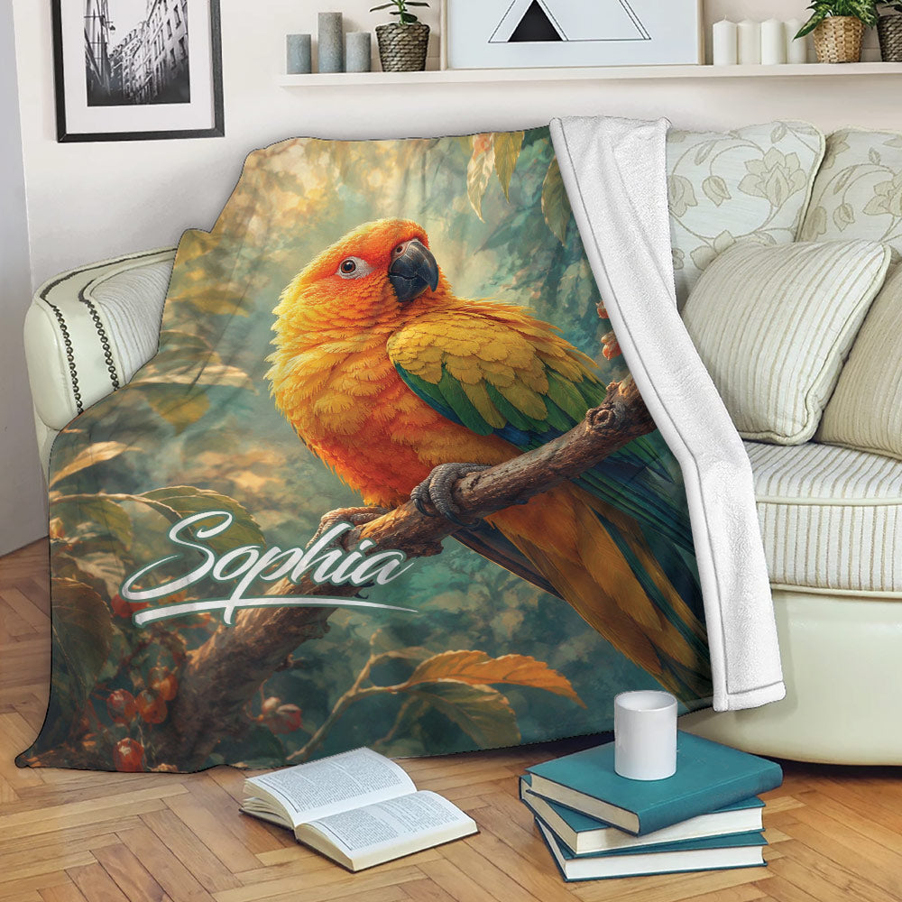 Colorful conure blanket draped over a sofa with tropical foliage and cozy living room decor
