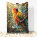 Colorful conure perched on a branch in a lush botanical scene on a decorative blanket