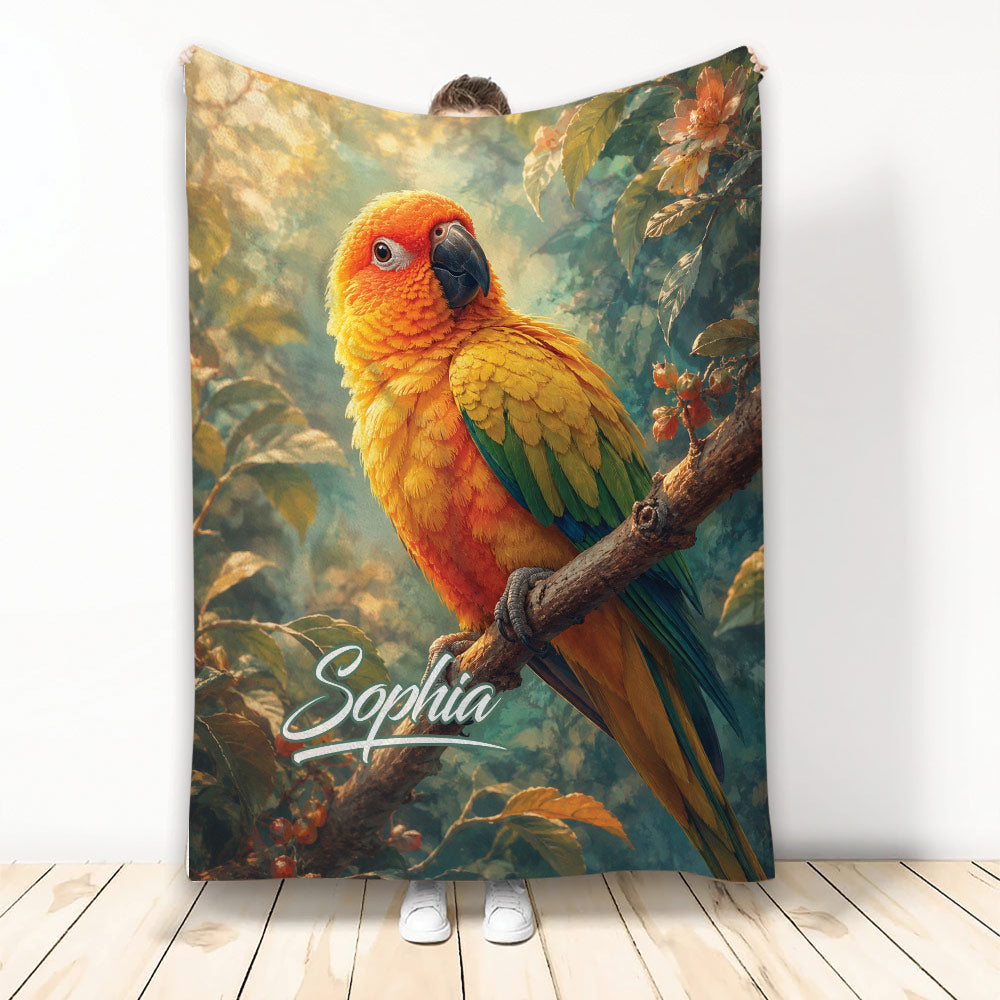 Colorful conure perched on a branch in a lush botanical scene on a decorative blanket