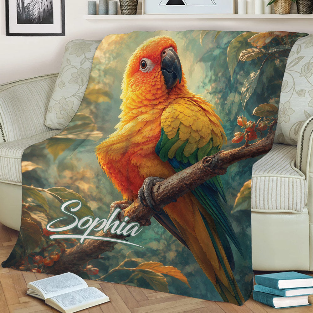 Bright conure throw blanket displayed across a sofa with botanical artwork and branch details