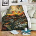 Conure throw blanket displayed on a sofa with vibrant tropical bird artwork and forest foliage