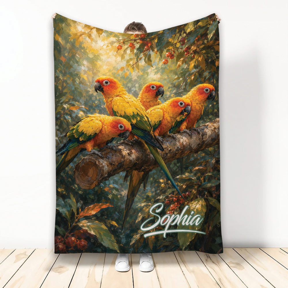 Custom conure throw blanket featuring colorful parrots perched on a branch in lush tropical foliage