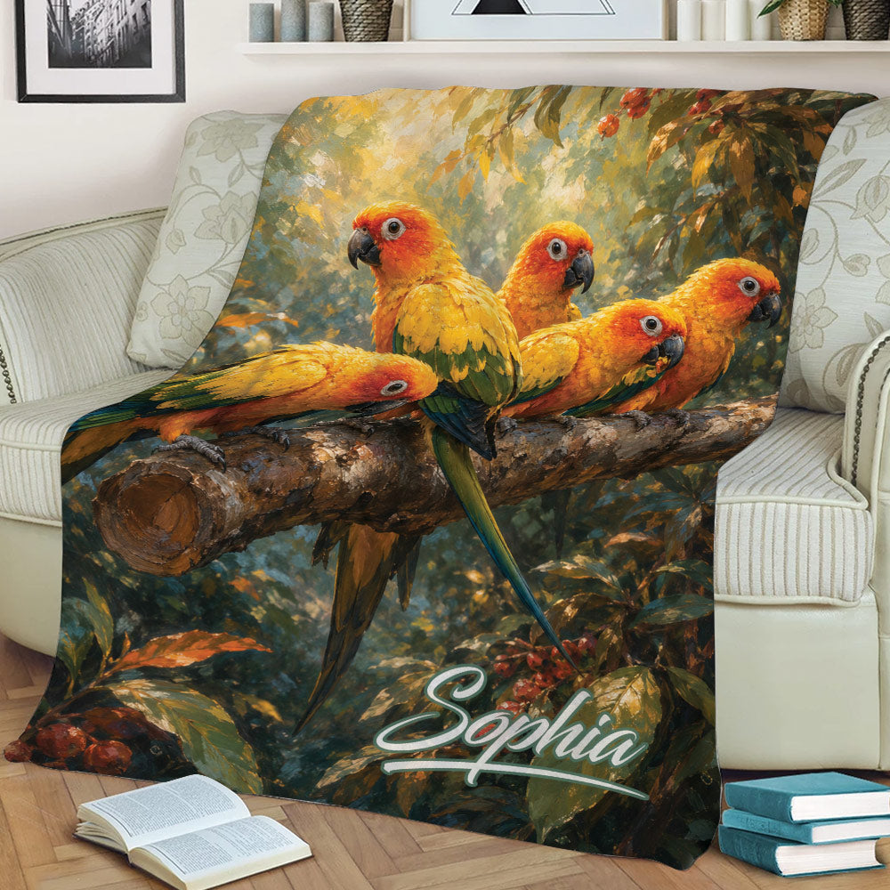 Colorful conure blanket draped over a couch, showing five parrots on a woodland branch