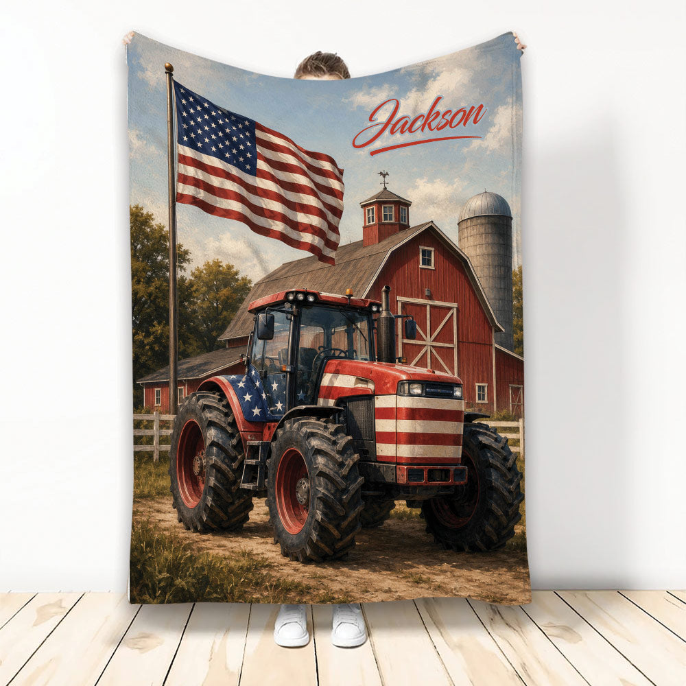 Custom tractor blanket featuring a patriotic American flag design, red barn, silo, and farm landscape