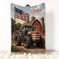 Custom tractor blanket featuring a patriotic American flag design, red barn, silo, and farm landscape