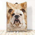 English Bulldog throw blanket featuring a close-up tan and white bulldog portrait in warm neutral tones