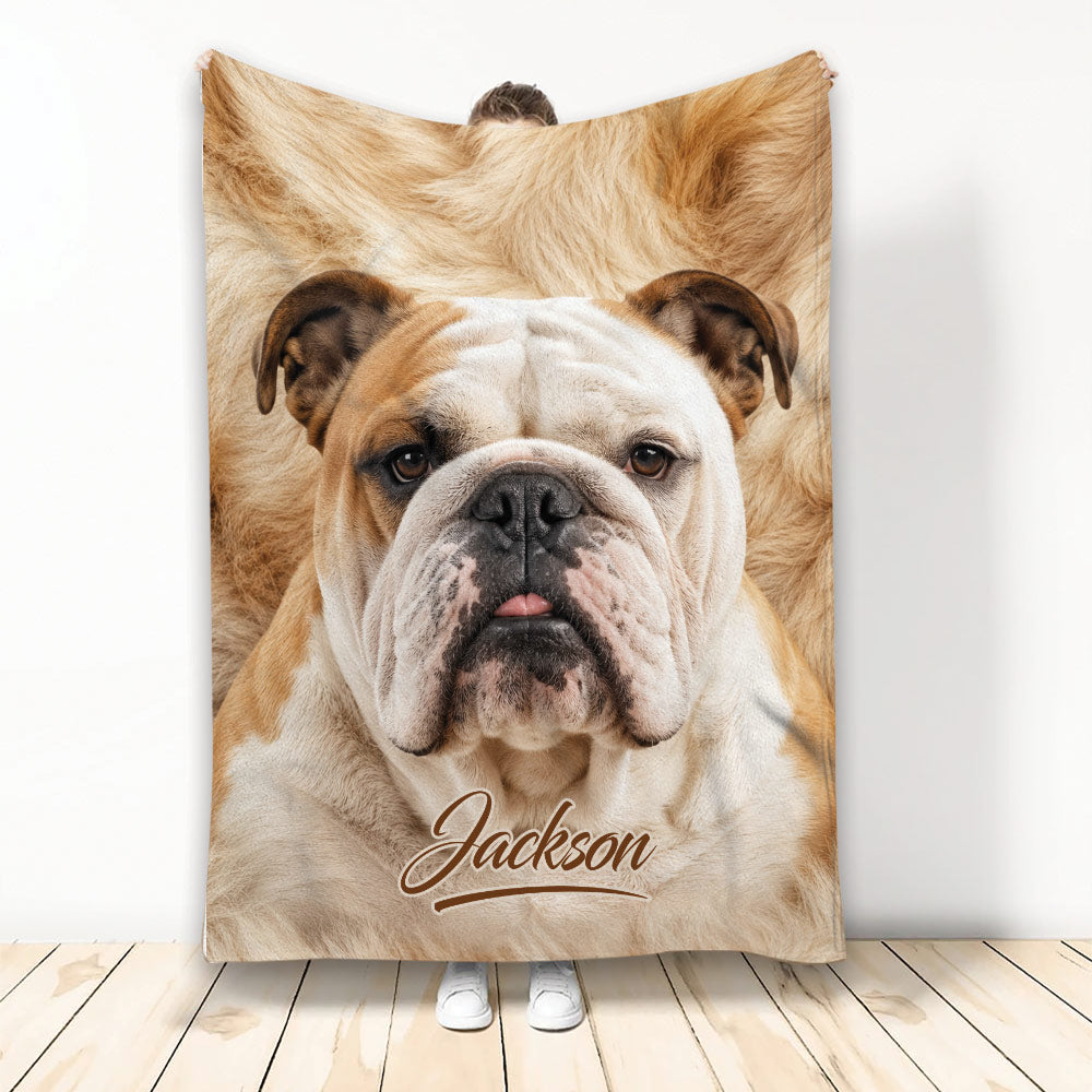 English Bulldog throw blanket featuring a close-up tan and white bulldog portrait in warm neutral tones