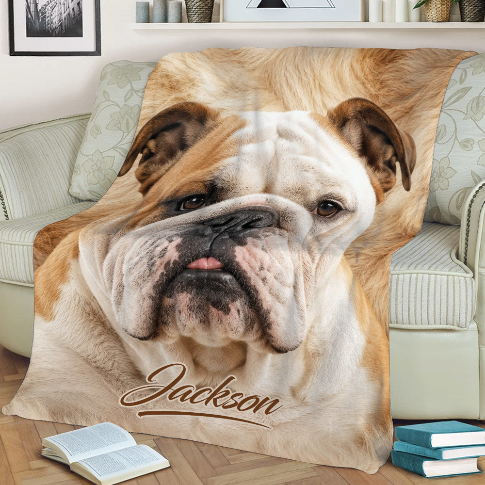 English Bulldog throw blanket displayed across a sofa with a large tan and white bulldog design