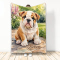 English Bulldog blanket with watercolor-style dog artwork in a colorful garden setting