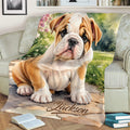 English Bulldog blanket displayed on a couch with close-up watercolor dog artwork