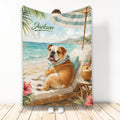 English Bulldog blanket featuring a tropical beach scene, striped umbrella, palm leaves, and seaside lounging artwork