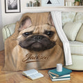 French Bulldog throw blanket draped over a sofa with close-up tan Frenchie artwork