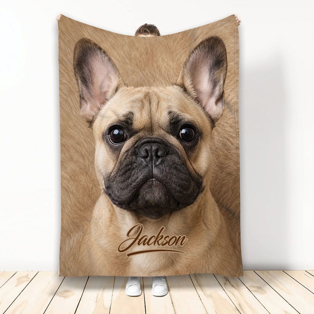 French Bulldog blanket displayed upright with a close-up tan Frenchie design in a cozy home setting