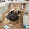 French Bulldog blanket styled on a sofa with detailed tan Frenchie artwork and cozy reading decor