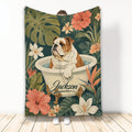 English Bulldog blanket featuring a tropical floral bathtub scene with lush green leaves and colorful flowers