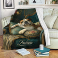 English Bulldog blanket displayed on a sofa with an ornate vintage chair and floral artwork