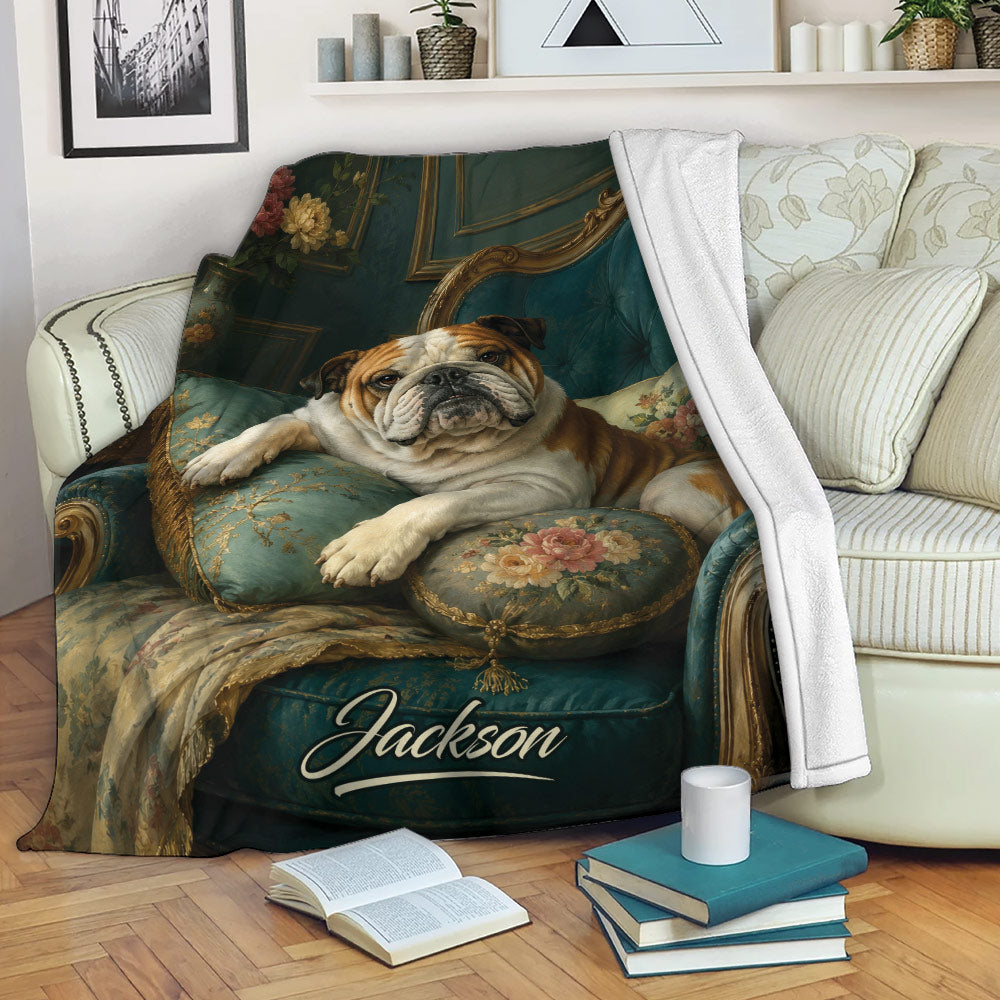 English Bulldog blanket displayed on a sofa with an ornate vintage chair and floral artwork