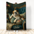 English Bulldog throw blanket featuring a regal dog resting on an ornate teal and gold chair
