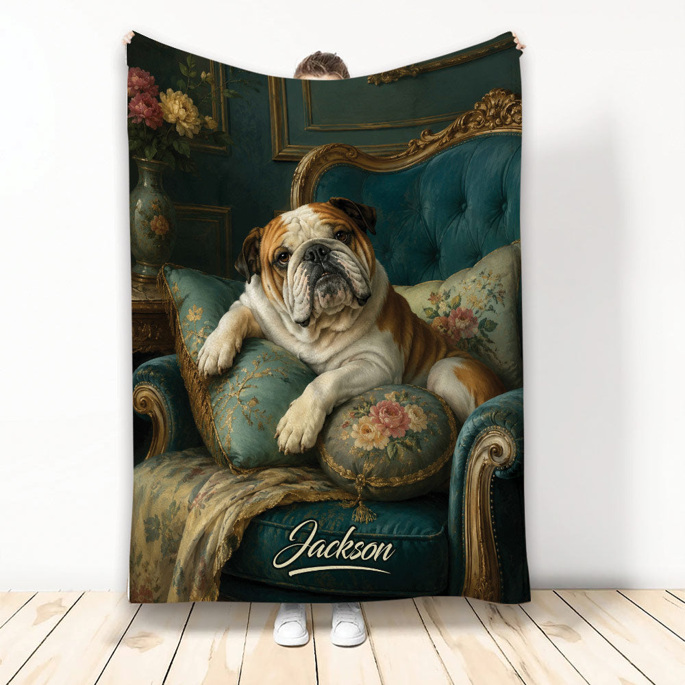 English Bulldog throw blanket featuring a regal dog resting on an ornate teal and gold chair