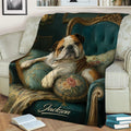 English Bulldog throw blanket styled across a sofa with rich teal, gold and floral decor