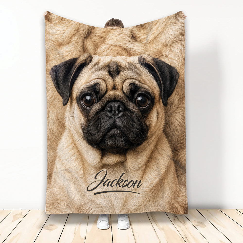 Pug throw blanket featuring a close-up fawn pug face and warm tan dog artwork