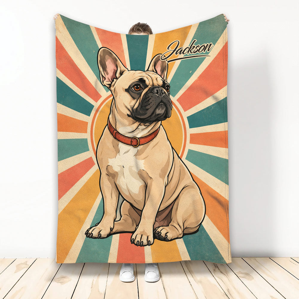 Pug dog blanket with a fawn pug wearing a red collar against a retro teal orange and cream sunburst background