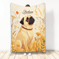 Pug throw blanket featuring a seated dog surrounded by warm autumn flowers and botanical artwork