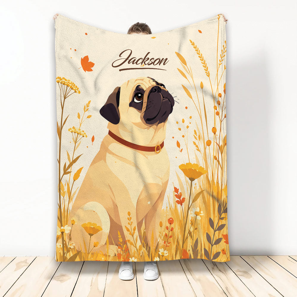 Pug throw blanket featuring a seated dog surrounded by warm autumn flowers and botanical artwork