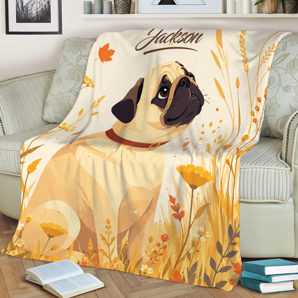 Close view of a pug throw blanket with expressive dog artwork and a warm wildflower design