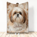 Shih Tzu throw blanket displayed upright with a realistic tan and white dog face design
