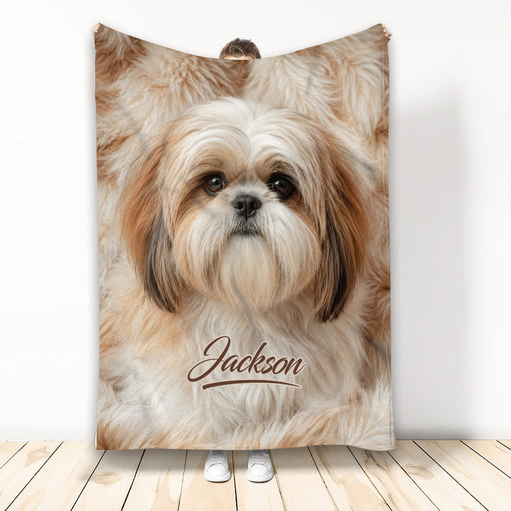 Shih Tzu throw blanket displayed upright with a realistic tan and white dog face design