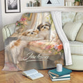 Shih Tzu throw blanket draped over a sofa with two dogs and cozy reading decor