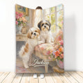 Shih Tzu throw blanket displayed with two dogs in an elegant floral sitting room