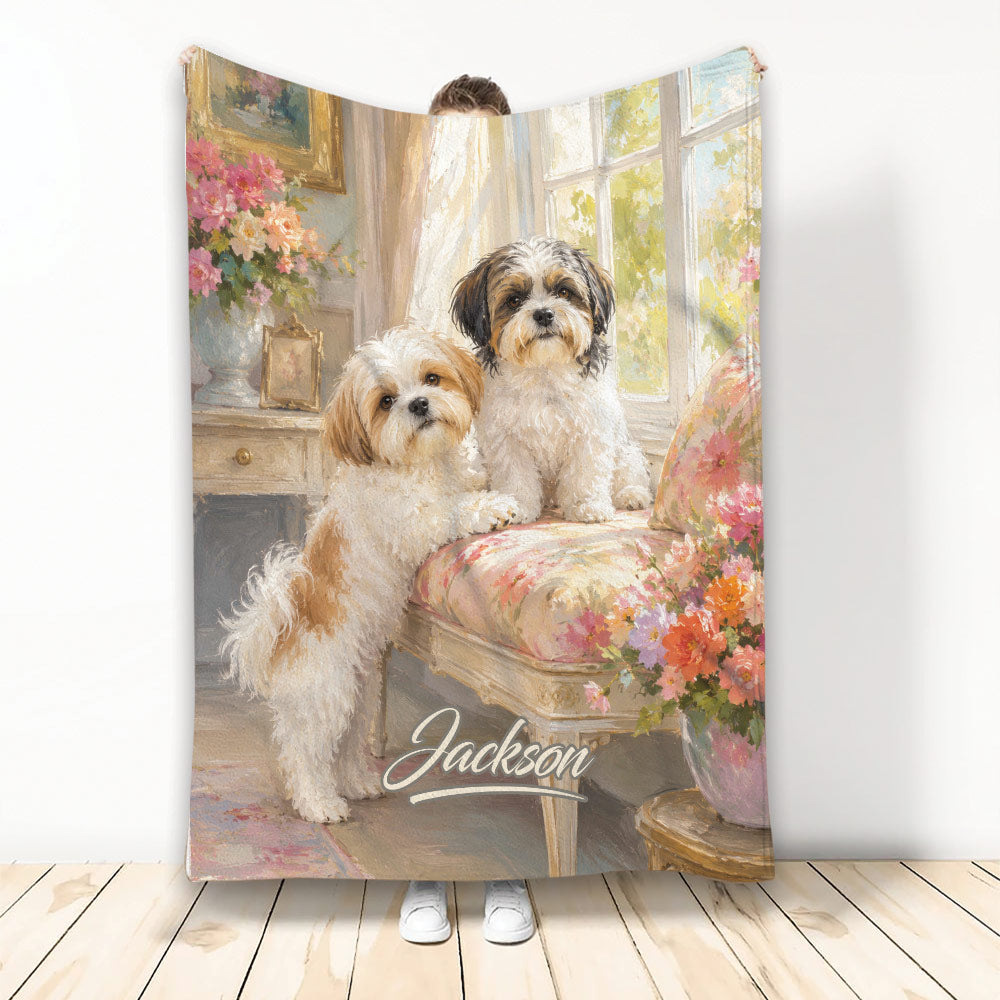 Shih Tzu throw blanket displayed with two dogs in an elegant floral sitting room