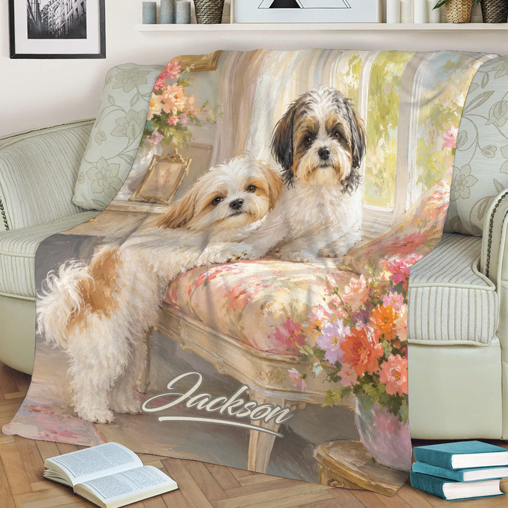 Shih Tzu blanket styled across a sofa with two dogs and colorful floral artwork