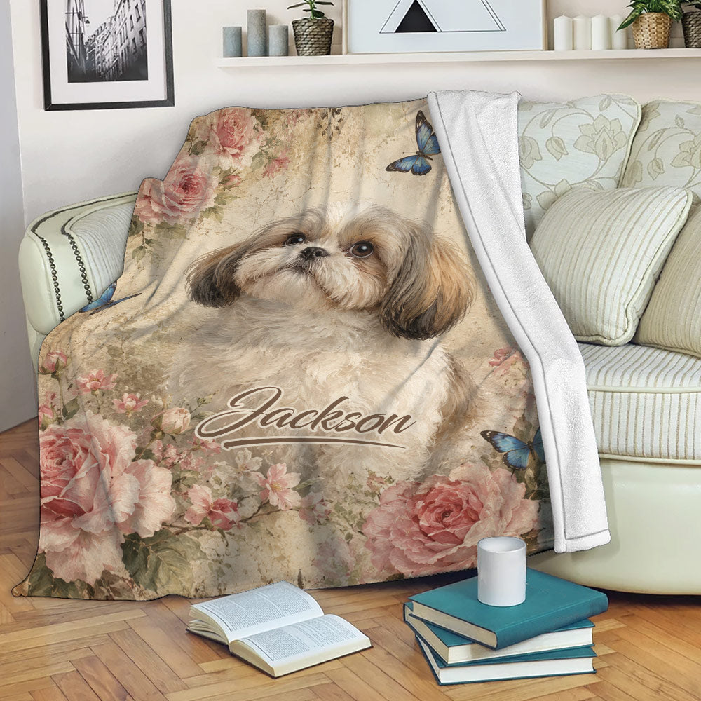 Floral Shih Tzu throw blanket draped over a sofa in a cozy living room