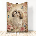 Shih Tzu blanket with vintage roses, blue butterflies, and soft neutral floral artwork