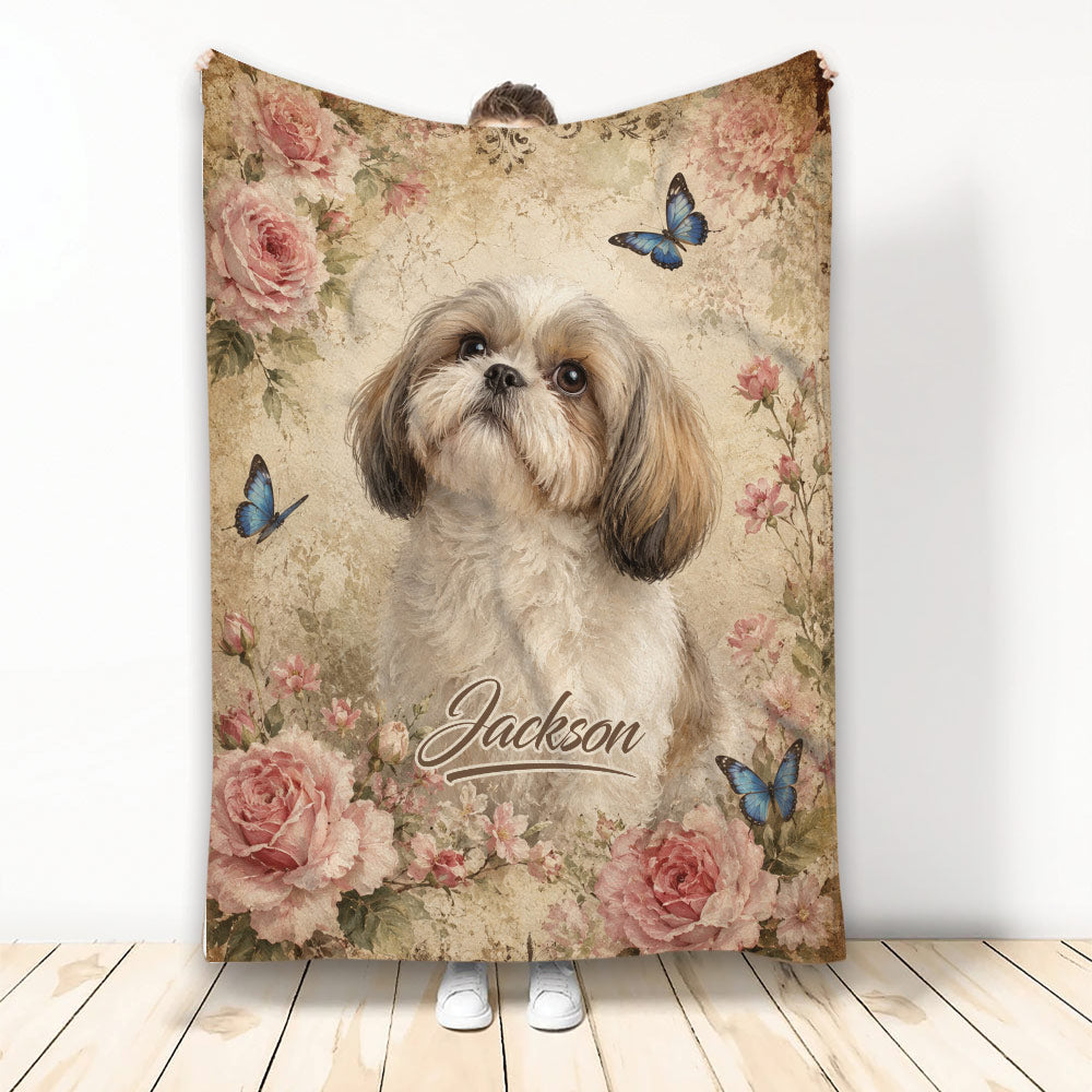 Shih Tzu blanket with vintage roses, blue butterflies, and soft neutral floral artwork