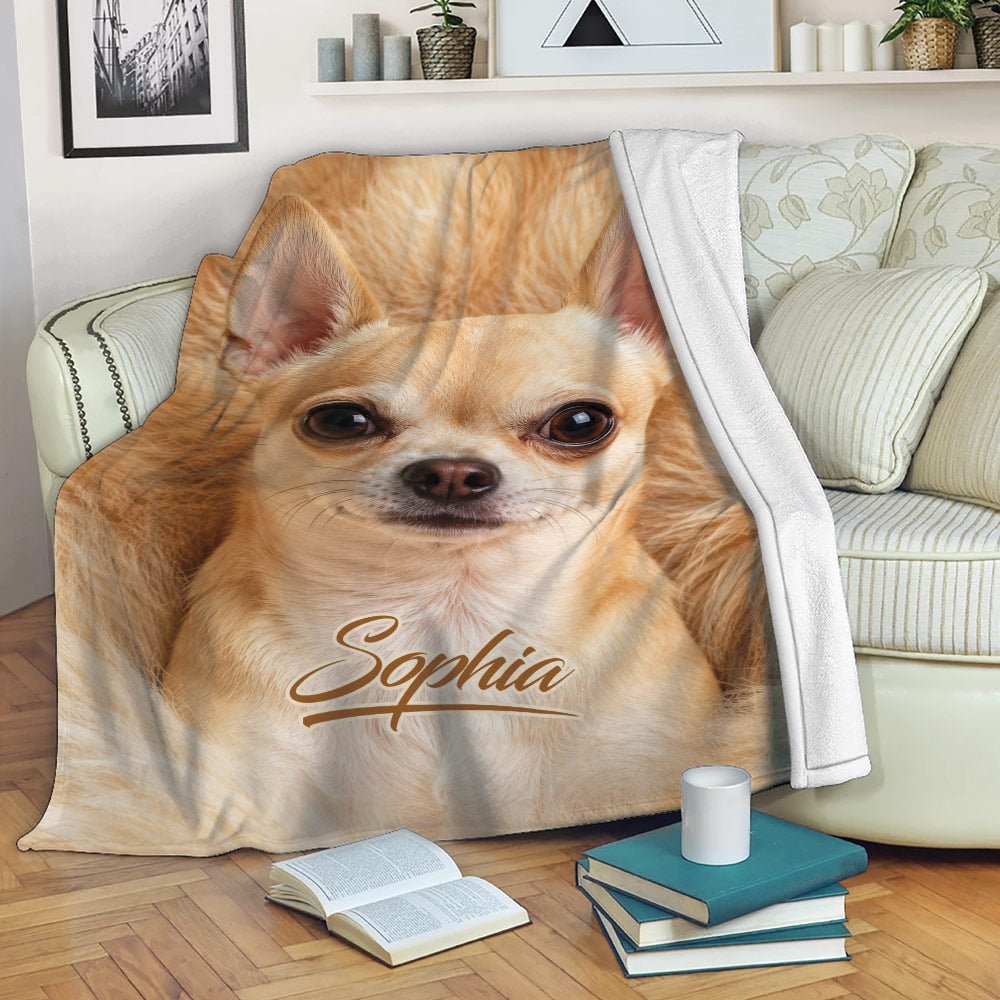 Tan Chihuahua throw blanket draped over a sofa in a cozy living room setting