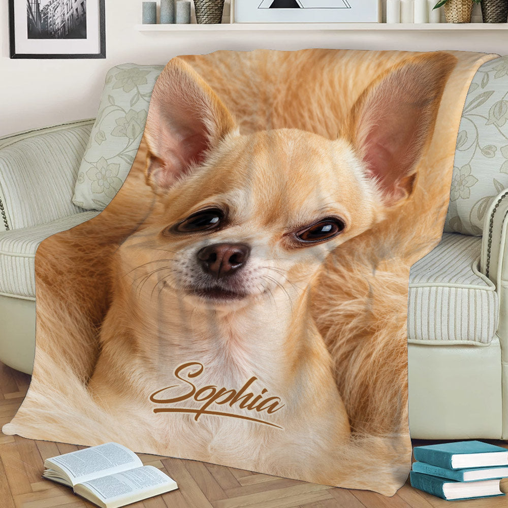 Close-up Chihuahua throw blanket styled across a sofa with warm tan dog artwork