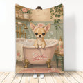 Chihuahua throw blanket featuring a flower-crowned dog in a vintage clawfoot bathtub scene