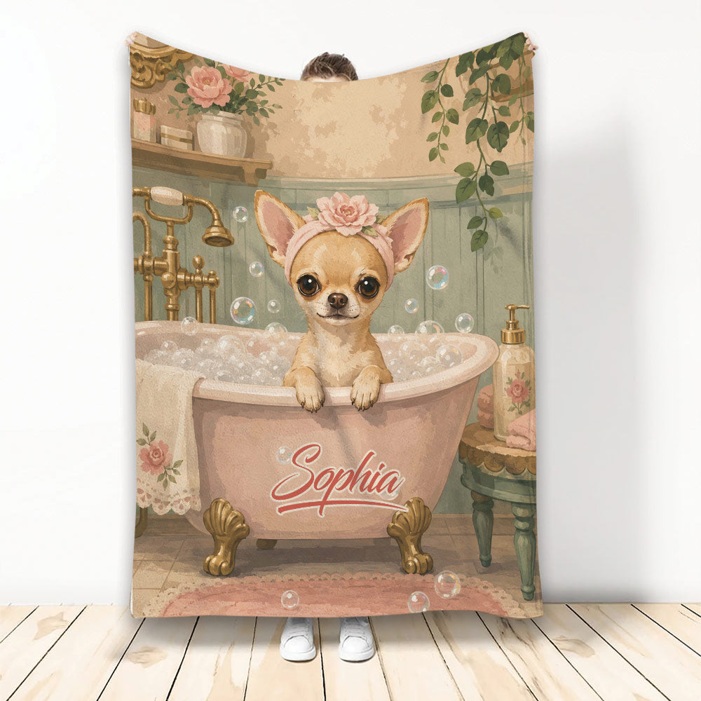 Chihuahua throw blanket featuring a flower-crowned dog in a vintage clawfoot bathtub scene