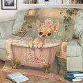 Close lifestyle view of a Chihuahua throw blanket displayed on a sofa with bathhouse artwork