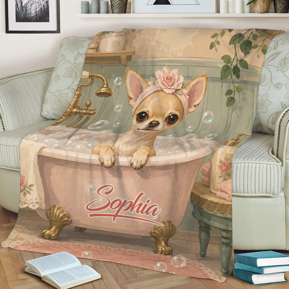 Close lifestyle view of a Chihuahua throw blanket displayed on a sofa with bathhouse artwork